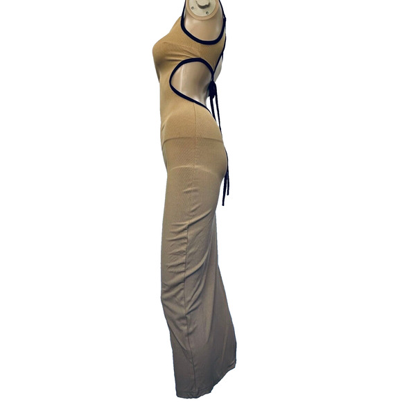 Micas Long Dress Women XS Tan Bodycon Knitted Side Slit Backless Tie Up - Picture 3 of 13